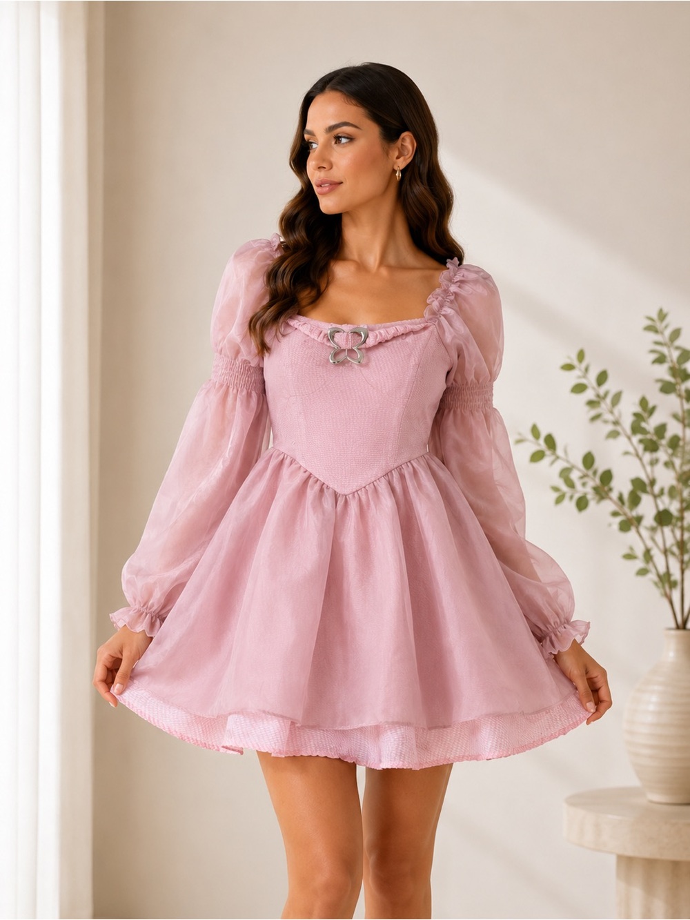 Pink Babydoll Dress Sheer Puff Sleeves Above Knee Long Sleeve